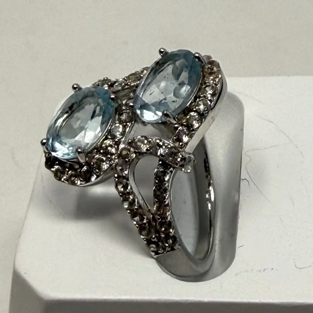 925 Sterling Silver Blue Topaz Aquamarine Bypass Halo Ring Size 7 FZN CN‎